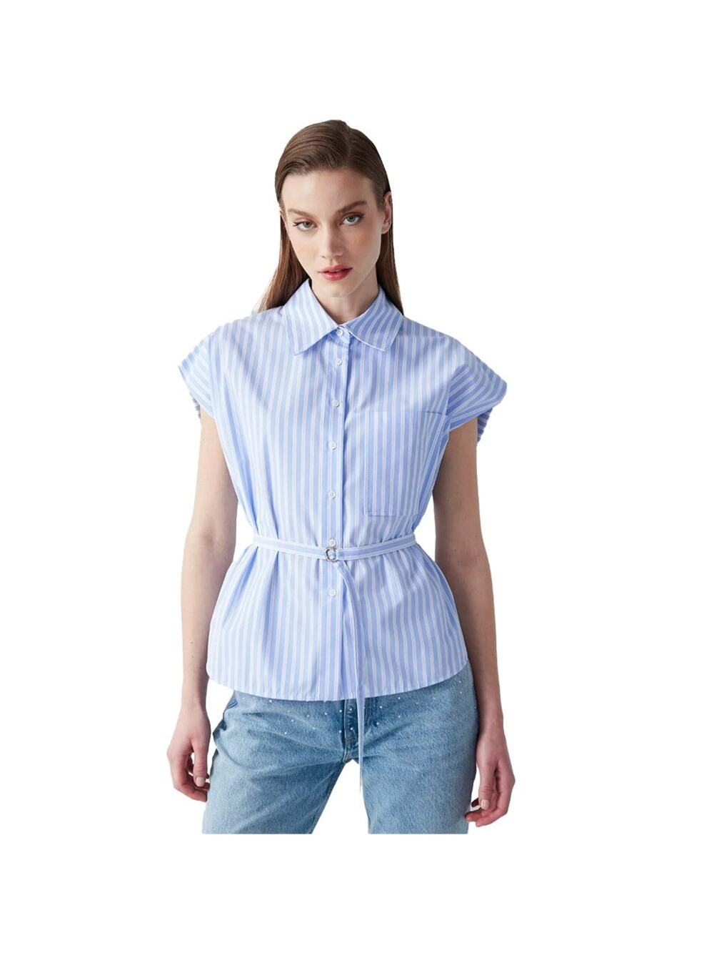 IPEKYOL Poplin Blouse Button Down w Belt Detail Blue White Size 42